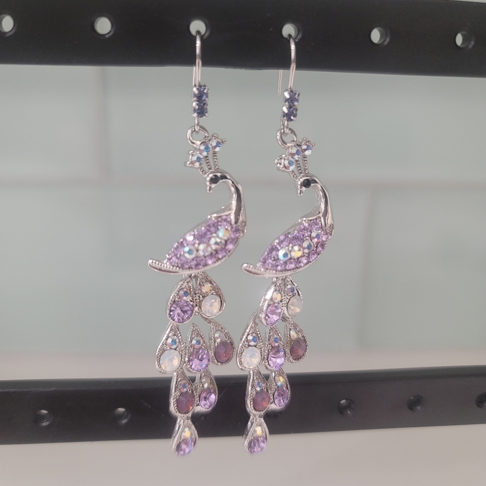 Purple & Silver Rhinestone peacock earnings